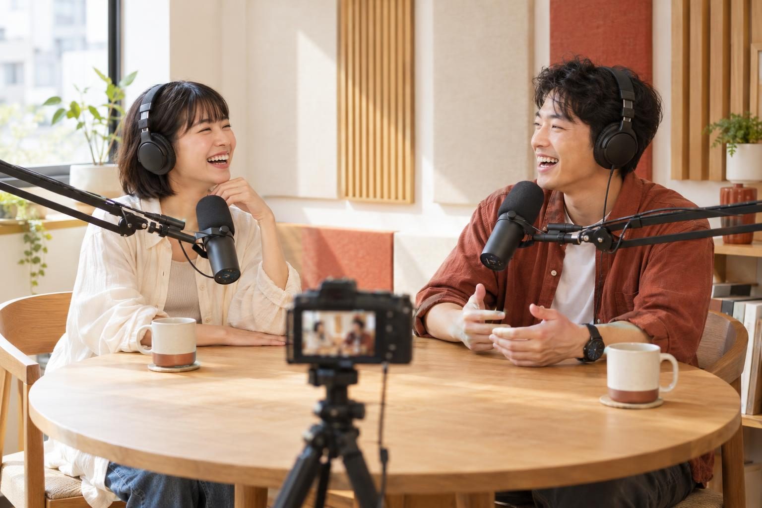 兩位主持人在錄音室錄 Podcast